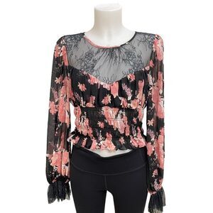 FREE PEOPLE Daphne Blouse Midnight Combo, Lace Smocked Longsleeve sz medium New!
